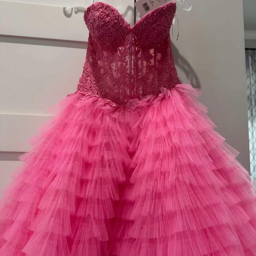 Sherri Hill Hot Pink Beaded Corset Tulle Gown